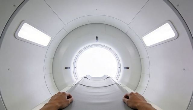 Gripping table while entering mri gantry in sterile radiology room for diagnostic scan