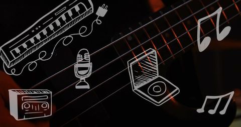 Moody closeup guitar strings glowing with hand-drawn music doodles and studio icons