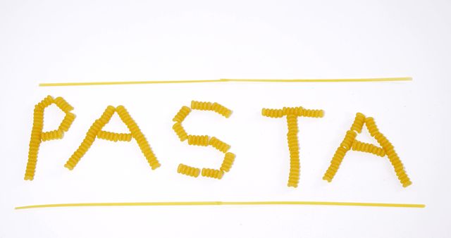 Word 'PASTA' formed using fusilli and spaghetti on white background. Useful for food blogs, creative food art concepts, culinary websites, or educational material about pasta.