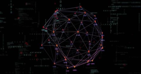 Rotating 3d wireframe sphere morphing network nodes displaying percent labels in neon