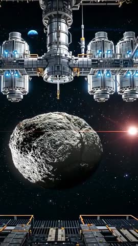 Panning around modular orbital hub showing asteroid approach and extending docking boom