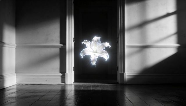 Luminous floating white lily hovering in doorway with dramatic shadows on wooden floor