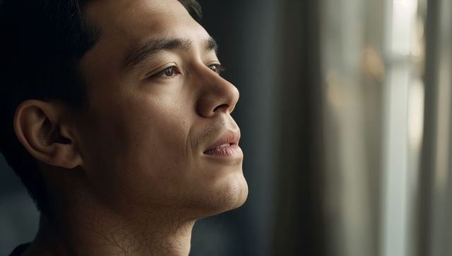 Gazing Asian man reflecting by window with soft natural light contemplative calm headshot