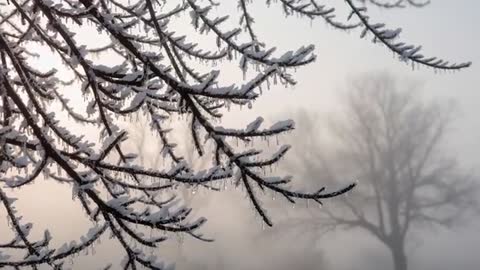 Slow-motion pan over frosted pine branches with glittering icicles in foggy winter field