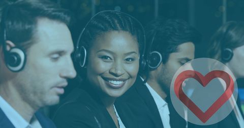Diverse customer support team with heart symbol overlay