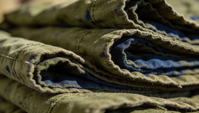 Folded olive green quilt with blue inner lining showing frayed edges and stitched texture