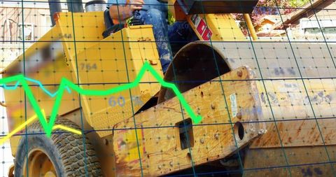 Construction worker on compactor overlaid with data graph