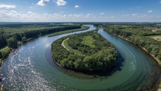 Aerial view of river meander forming horseshoe-shaped wooded peninsula with walking path