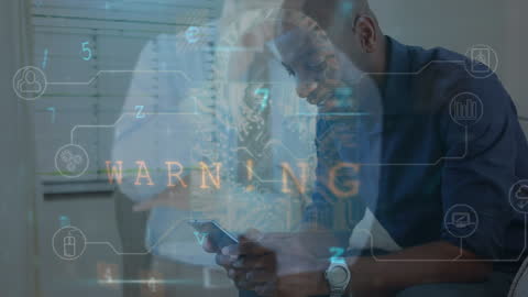 Man Using Smartphone With Cyber Security Warning Overlay