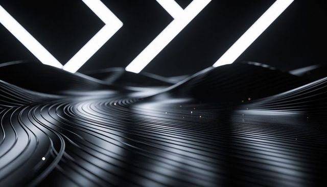 Glossy ribbed wave surface reflecting diagonal led chevrons futuristic monochrome tech