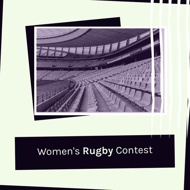 Composition of womens rugby contest text over sports stadium. Womens rugby contest and celebration concept digitally generated image.