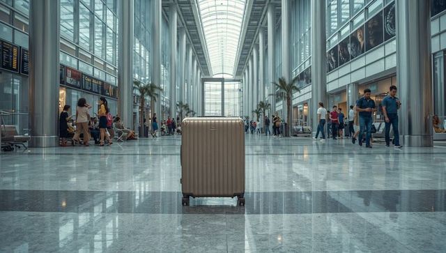 Hardshell suitcase standing centered in modern airport terminal with reflective floor
