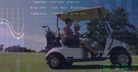 Golfers on Cart with Digital Data Overlay Illustrating Sports Technology