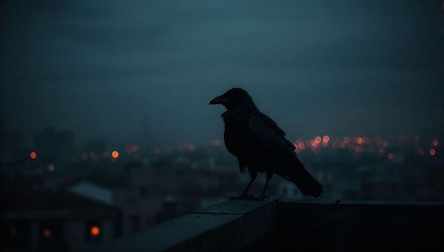 Solitary Crow Silhouette Overlooking Urban Landscape at Dusk