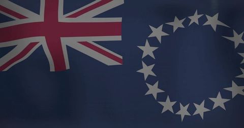 Waving Cook Islands Flag with Union Jack and Fifteen Stars on Navy Blue Fabric