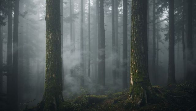 Moss-Covered Conifer Trunks Rising in Misty Ancient Forest with Fog, Roots, Ethereal Depth