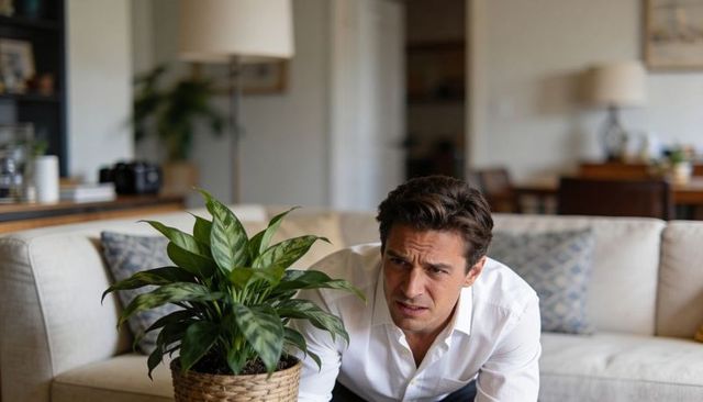 Middle-aged man leaning and tending houseplant in cozy living room