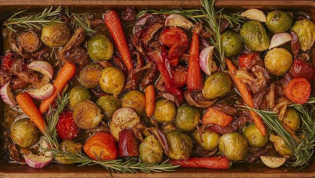 Roasting Brussels Sprouts and Carrots with Rosemary Garlic Glaze on Rustic Baking Tray