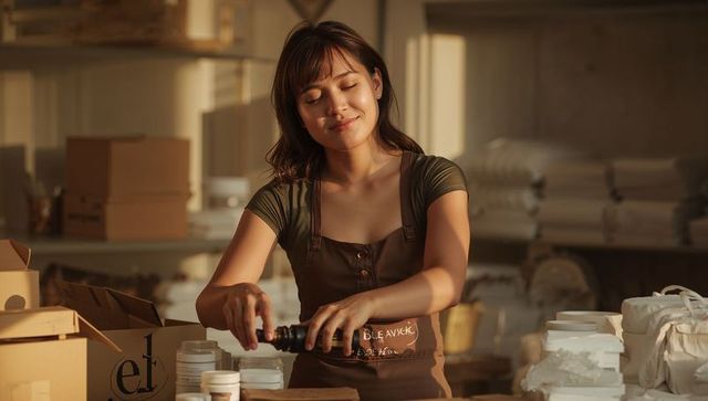 Sunlit artisan filling skincare jars with dropper in boutique packaging workshop