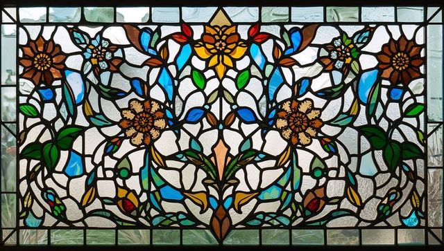 Elegant stained glass panel with intricate floral vine motif