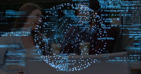 Couple collaborating over laptop at cafe with digital globe and code overlay