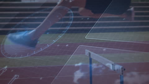 Athlete Jumping Hurdles with Futuristic Data Overlay