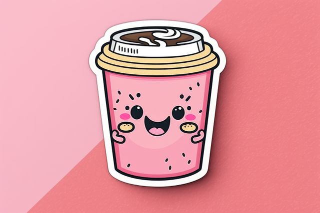 Composition of kawaii cartoon coffee sticker on pink background. Stickers and pattern concept digitally generated image.