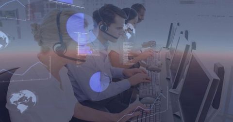 Customer Support Team Typing in Call Center Wearing Headsets with Analytics Overlay