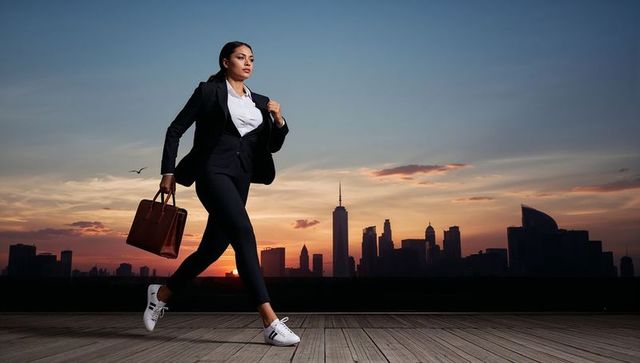 Confident Female Executive Walking Against Sunset Skyline Backdrop