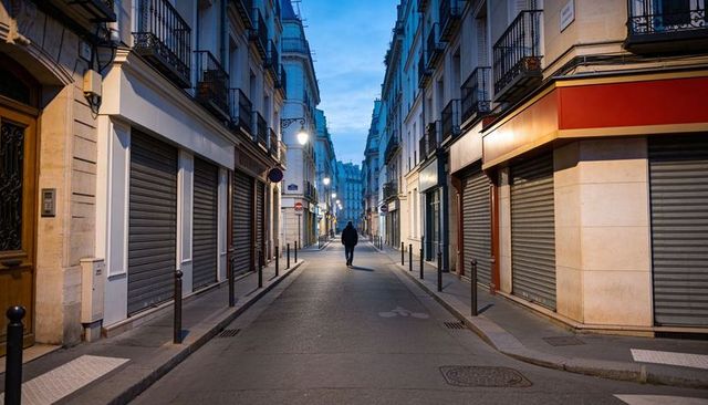Solitary figure walking down narrow historic street at dusk, closed shutters and lamps