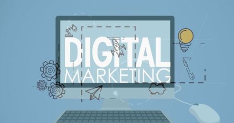 Digital marketing screen with technology icons in blue