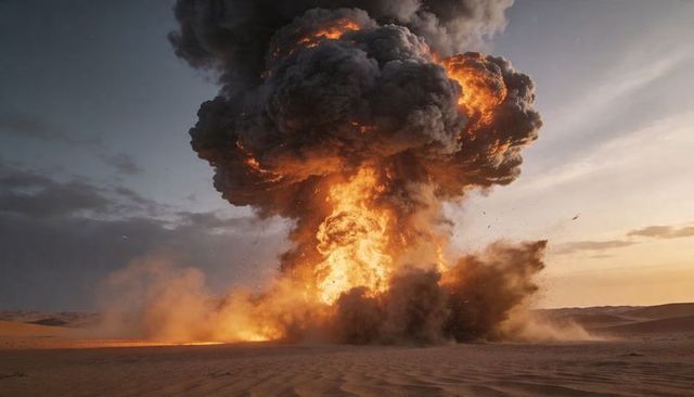 Mushroom cloud explosion erupting over desert dunes at sunset