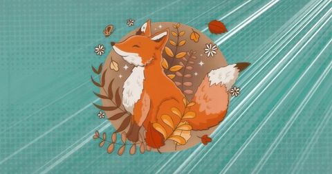 Whimsical Fox in Autumn Foliage with Teal Texture