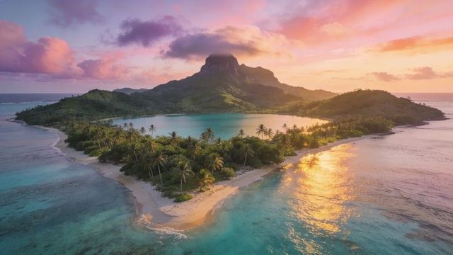 Sunset lighting volcanic island lagoon, palm fringed beaches reflecting golden glow