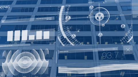 Futuristic Infographic Data and Hud Technology Overlay on Office Building