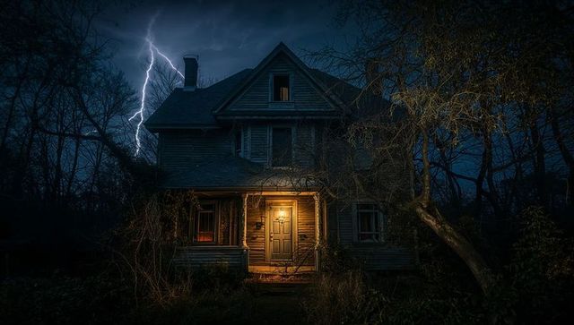 Lightning-pierced night at ominous rustic house