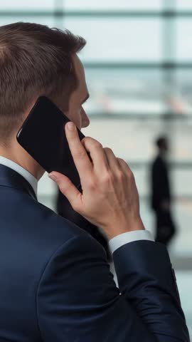Businessman taking phone call at airport terminal with blurred travelers in background