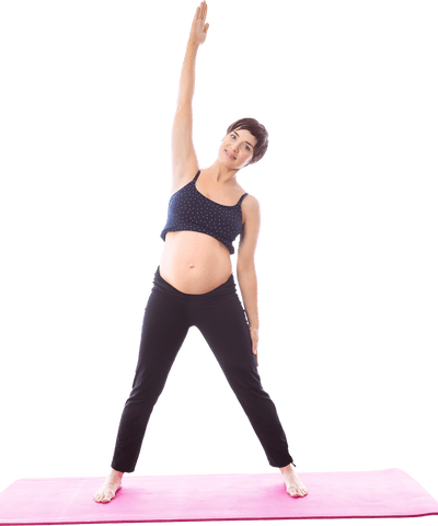 Pregnant woman stretching on pink yoga mat, transparent background