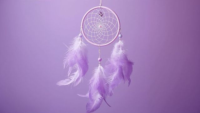 Lavender Dreamcatcher with Feathers and Beads on Gradient Background