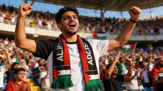Young fan cheering with palestine scarf at packed stadium celebrating sporting victory