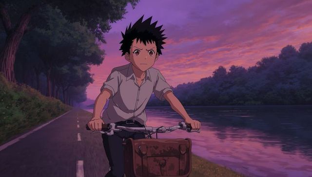 Student biking on scenic river road at sunset