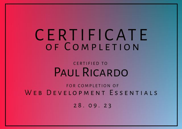 Versatile certificate template for recognizing achievement, completion of courses, trainings, or events. The vibrant gradient background adds a modern and professional touch, suitable for educational institutes, online courses, and workshops.