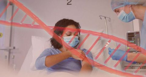 Clinician administering vaccine to masked woman in hospital ward with dna helix overlay