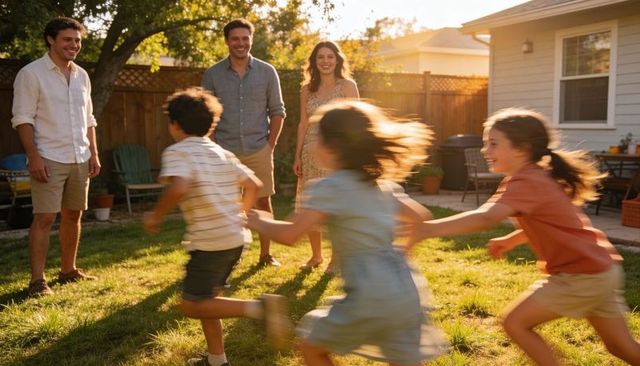 Sunset backyard family playing with kids running and parents smiling in warm sunlit golden light