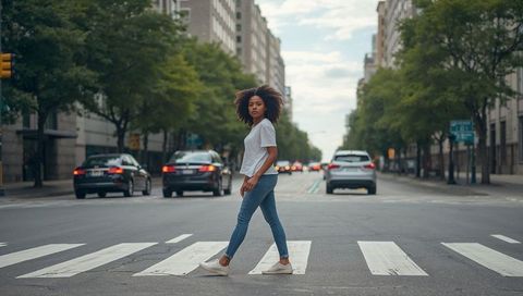 Young woman walking across urban crosswalk wearing white T-shirt and blue jeans