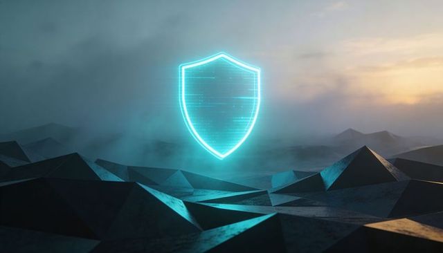 Cyan shield hologram hovering over futuristic polygonal landscape with warm horizon glow
