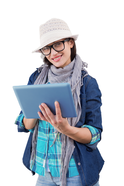 Smiling Biracial Woman Using Tablet on Transparent Background - Download Free Stock Videos Pikwizard.com