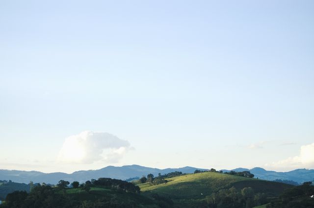 This serene image showcases green hills under a clear morning sky, with a lone cloud adding a touch of serenity. Ideal for use in travel brochures, nature-themed posters, or environmental websites. It evokes feelings of tranquility and peace, making it suitable for use in meditation apps, relaxation blogs, or inspirational social media posts.