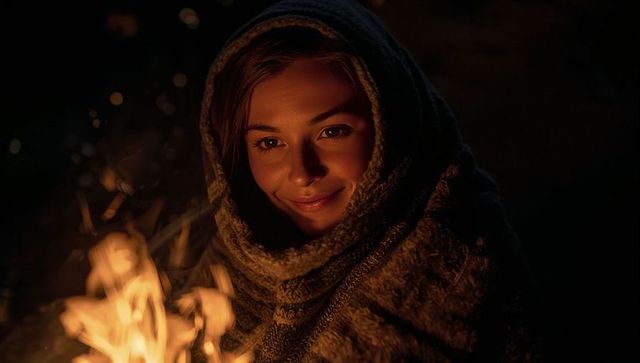 Young woman wrapped in knit hood gazing into campfire at night warm ember glow