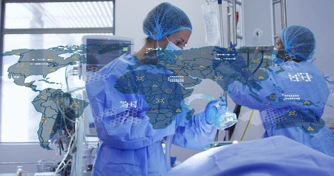 Surgical team administering anesthesia and monitoring iv lines with global health overlay